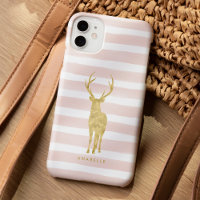 Pink Watercolor Stripes and Gold Deer