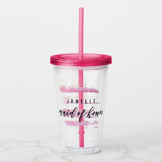 Pink Watercolor Stripes Bachelorette Maid of Acrylic Tumbler (Front)
