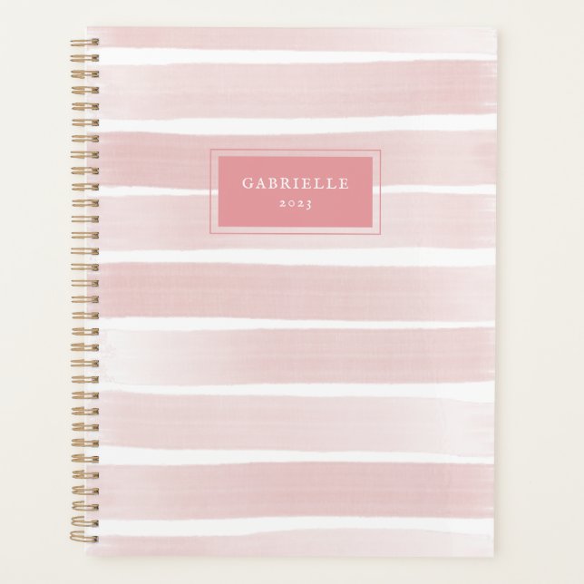 Pink Watercolor Stripes Coral Personalised  Planner (Front)