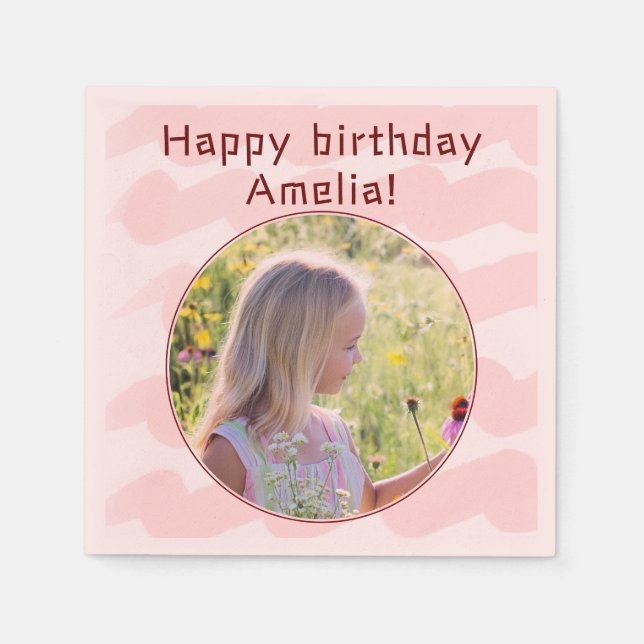 Pink Watercolor Stripes Girly Girl Photo Birthday Napkin (Front)