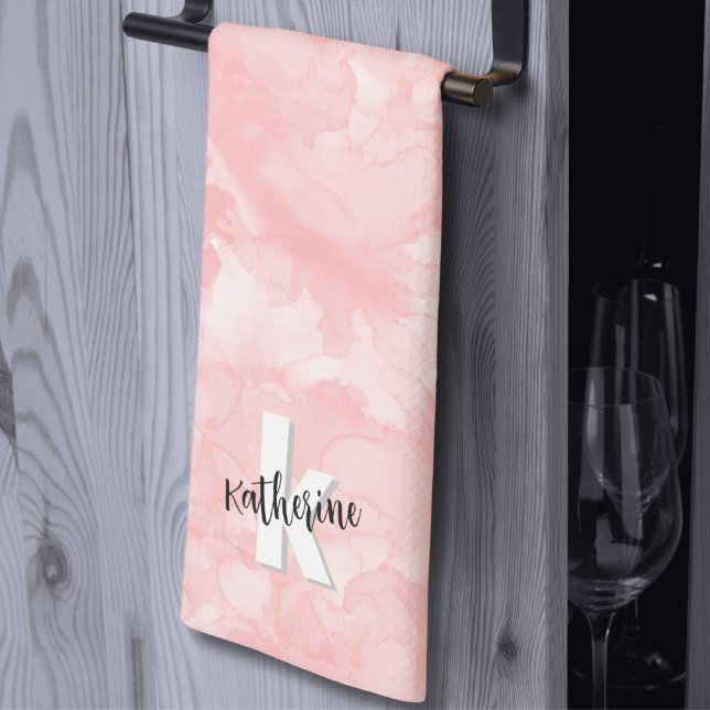 Pink Watercolor Stylish Monogram Tea Towel (Stylish Cute Modern Watercolor Pink Monogram kitchen towel)