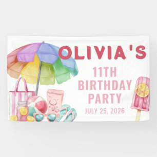 Pink Watercolor Summer Girl Birthday Pool Party Banner