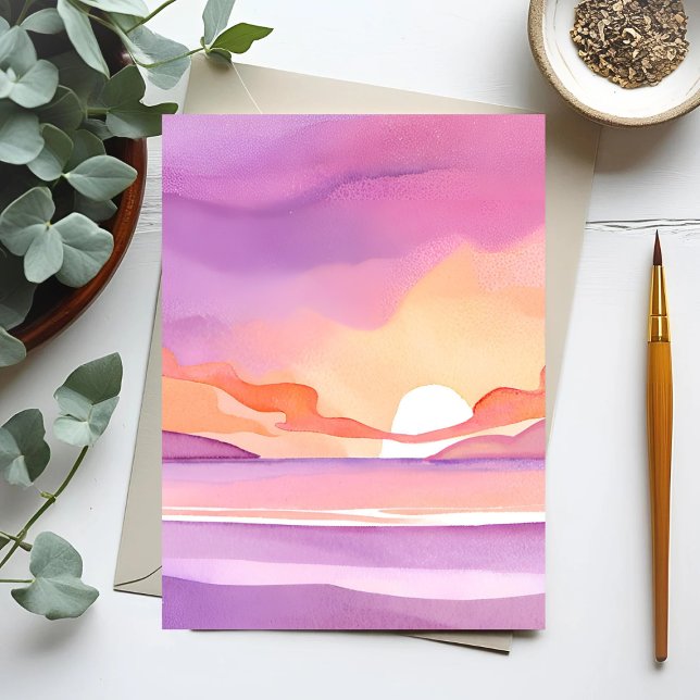 Pink Watercolor Sunset | Beautiful Ocean Sky Postcard (Creator Uploaded)