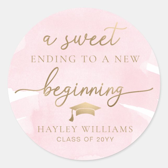 Pink Watercolor Sweet New Beginning Graduation Classic Round Sticker (Front)