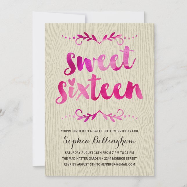 Pink Watercolor Sweet Sixteen Birthday Party Invitation (Front)