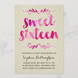 Pink Watercolor Sweet Sixteen Birthday Party Invitation