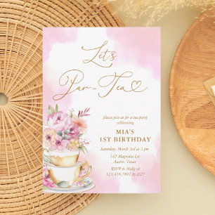 Pink Watercolor Tea Party 1st Birthday Invitation