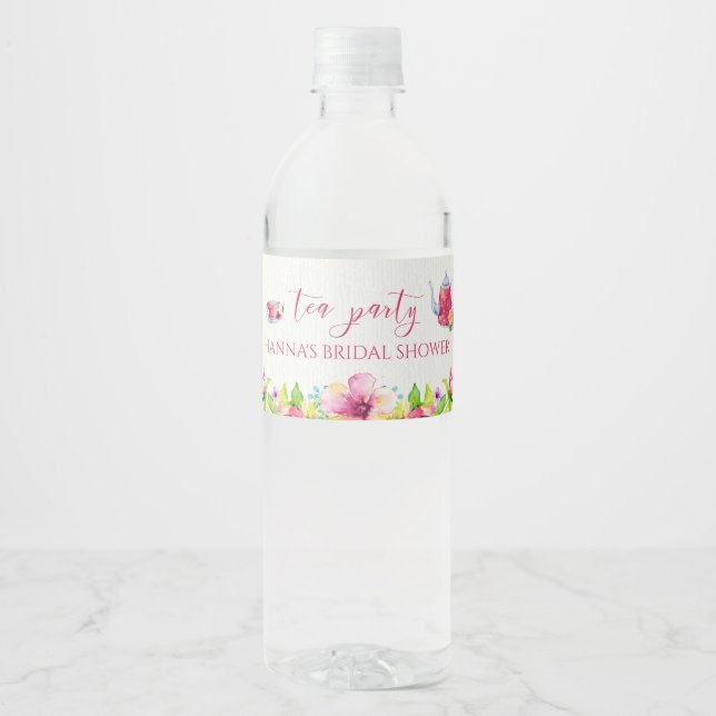 Pink Watercolor Tea Party Water Bottle Label (Front)