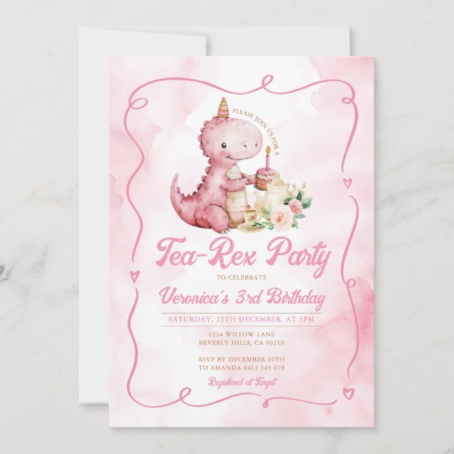 Pink Watercolor Tea-Rex Dinosaur 1st Birthday Invitation (Front)