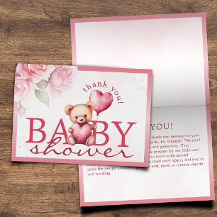 Pink Watercolor Teddy Bear Baby Shower Folding Thank You Card
