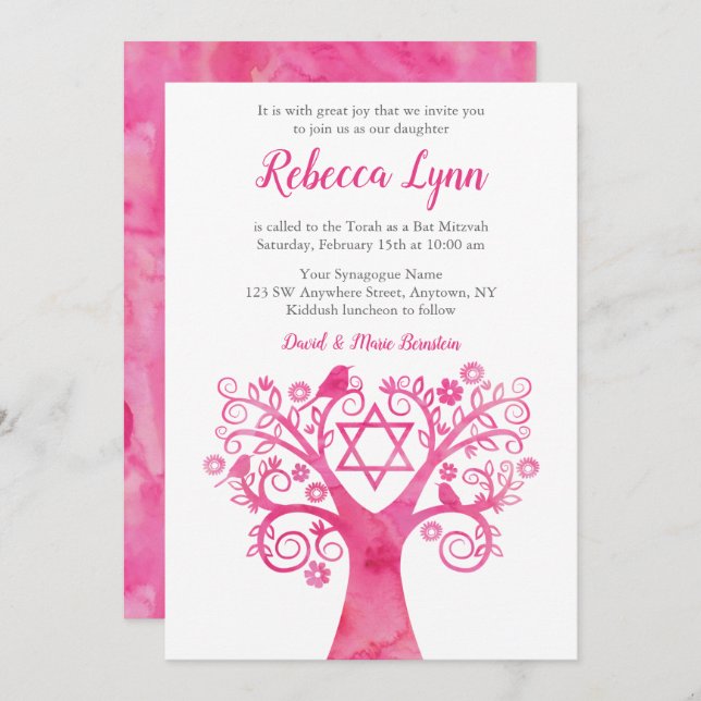 Pink Watercolor Tree of Life Bat Mitzvah Invites (Front/Back)