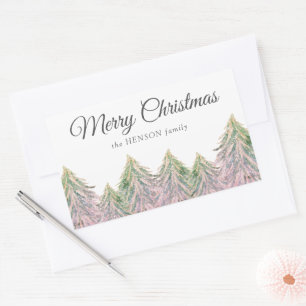 Pink Watercolor Trees Forest Artistic Christmas Re Rectangular Sticker