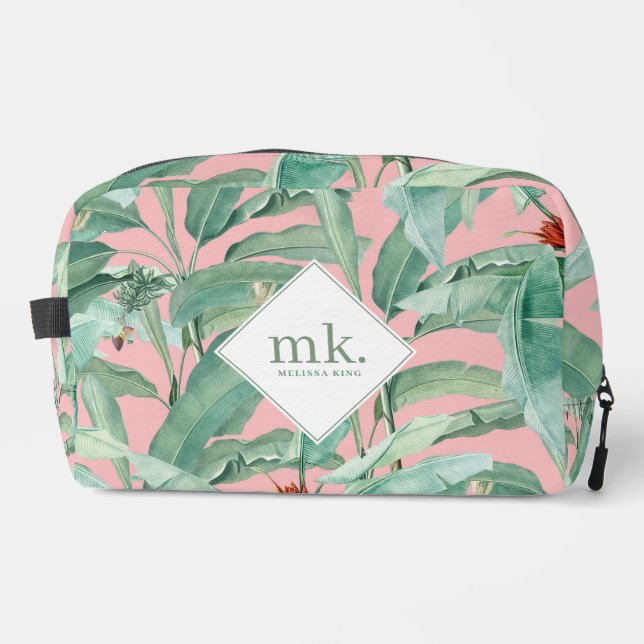 Pink Watercolor Tropical Banana Leaves Monogrammed Dopp Kit (Front)