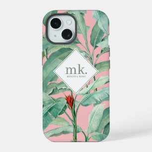 Pink Watercolor Tropical Banana Leaves Monogrammed iPhone 15 Case