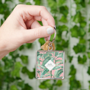 Pink Watercolor Tropical Banana Leaves Monogrammed Key Ring
