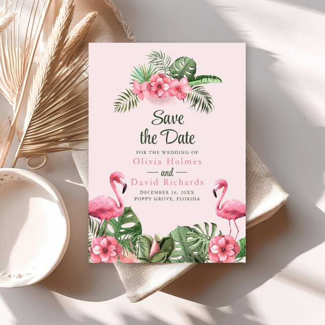 Pink Watercolor Tropical Flamingo Save the Date Invitation (Pink Watercolor Tropical Flamingo Save the Date Invitation on sunny table with dry palm leaf.)