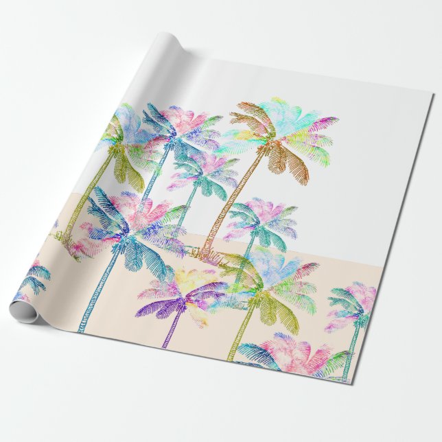 Pink Watercolor Tropical Hawaiian Palm Trees Wrapping Paper (Unrolled)
