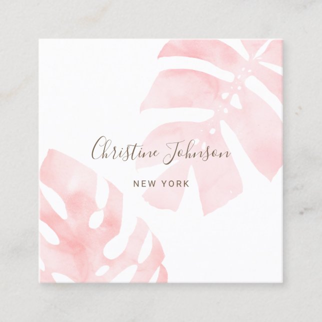 pink watercolor tropical leaves business card (Front)