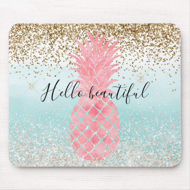 Pink Watercolor Tropical Pineapple Aqua Ombre gold Mouse Pad (Front)