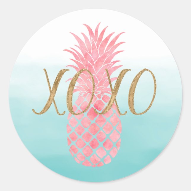 Pink Watercolor Tropical Pineapple Classic Round Sticker (Front)