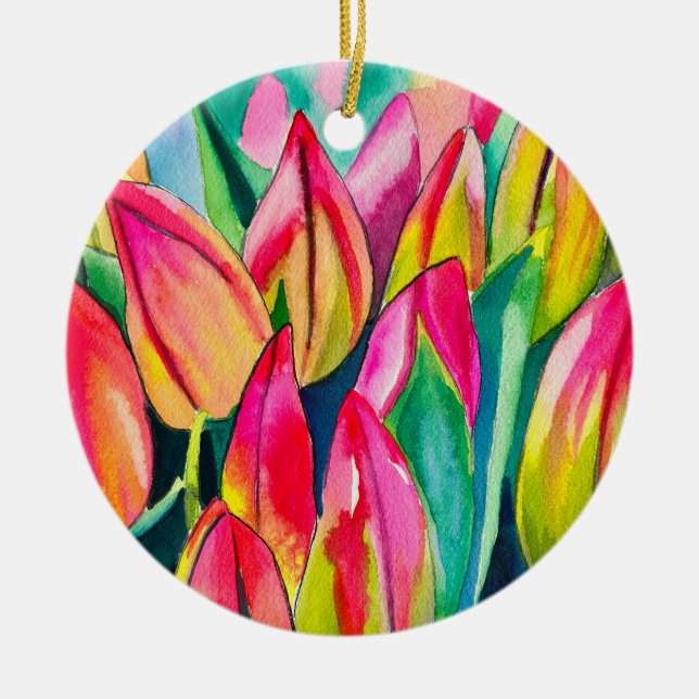 Pink watercolor tulips art ceramic ornament (Front)