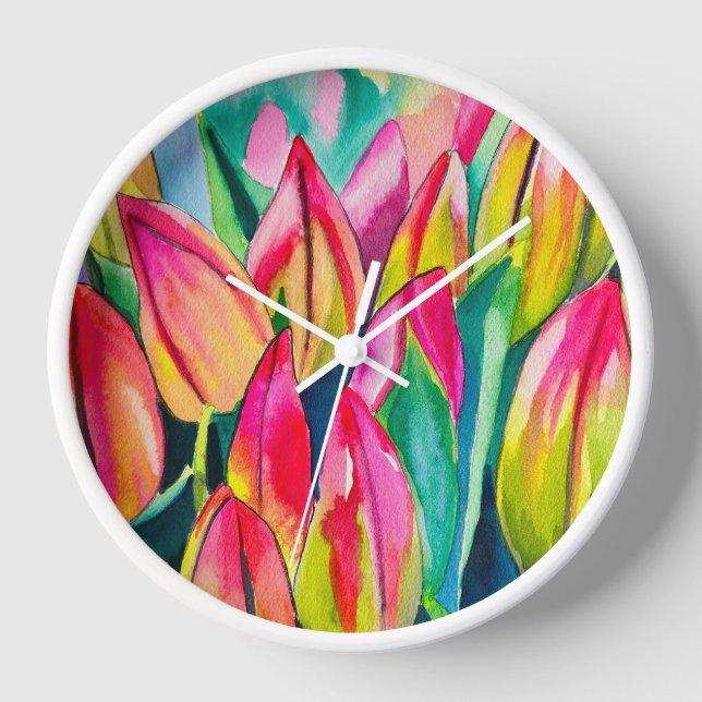 Pink watercolor tulips art clock (Front)