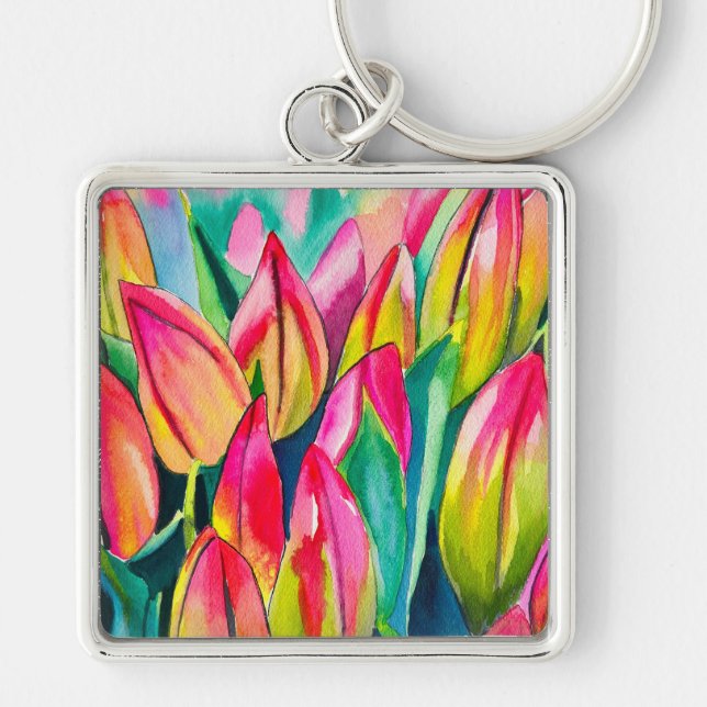 Pink watercolor tulips art key ring (Front)