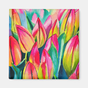 Pink watercolor tulips art magnet