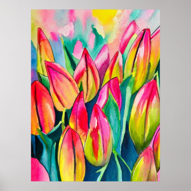 Pink watercolor tulips art poster (Front)