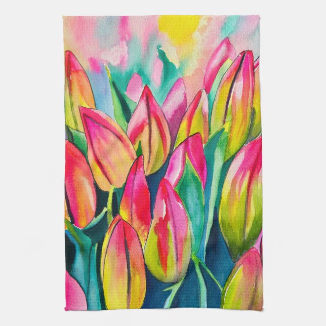 Pink watercolor tulips art tea towel (Vertical)