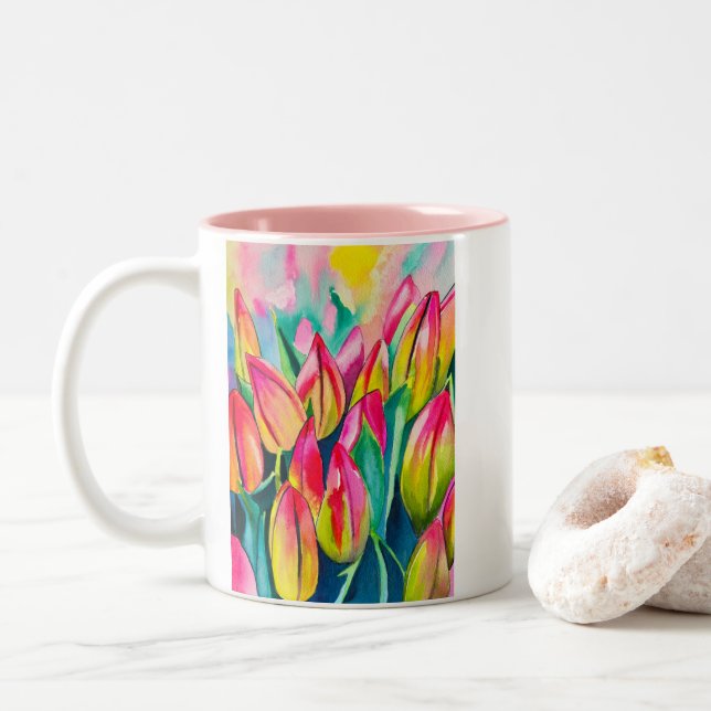 Pink watercolor tulips art Two-Tone coffee mug (With Donut)