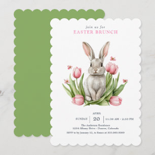 Pink Watercolor Tulips Bunny Rabbit Invitation