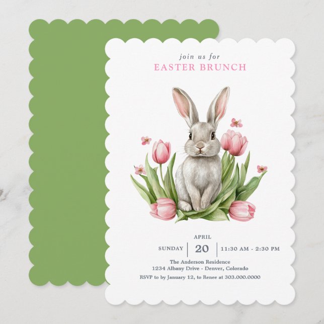 Pink Watercolor Tulips Bunny Rabbit Invitation (Front/Back)