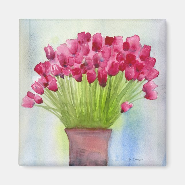 Pink Watercolor Tulips Floral Magnet (Front)