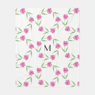 Pink Watercolor Tulips Framing Initial Fleece Blanket