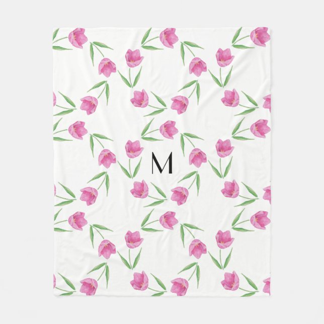 Pink Watercolor Tulips Framing Initial Fleece Blanket (Front)