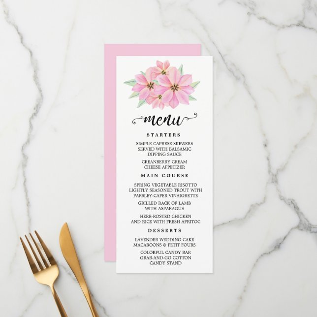 Pink Watercolor Tulips Wedding Menu (Front/Back In Situ)