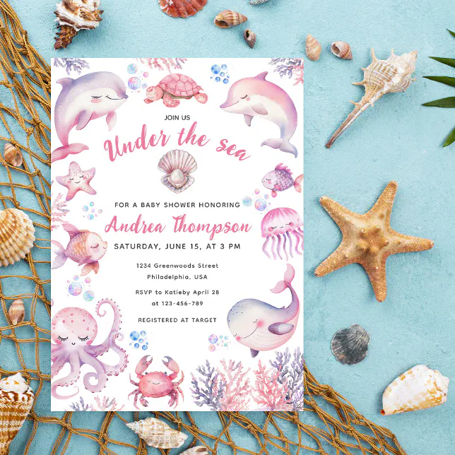 Pink Watercolor Under The Sea Girl Baby Shower Invitation | Zazzle