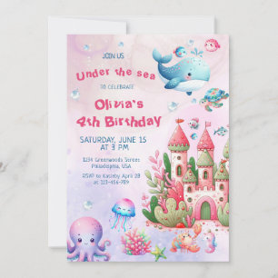 Pink Watercolor Under The Sea Girl Birthday Invitation