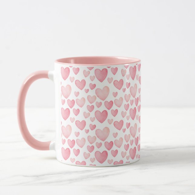 Pink Watercolor Valentine Hearts Pattern Mug (Left)