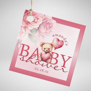 Pink Watercolor Valentine Teddy Bear Baby Shower Favour Tags