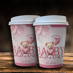 Pink Watercolor Valentine Teddy Bear Baby Shower Paper Cups
