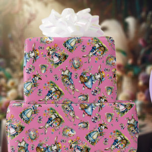 Pink Watercolor Vintage Easter Bunny Eggs Floral Wrapping Paper