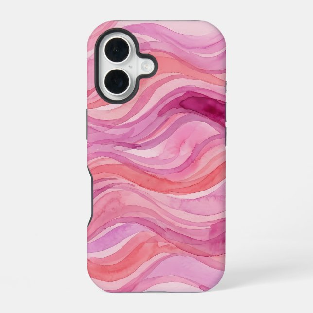 Pink Watercolor Waves Pattern iPhone 16 Case (Back)