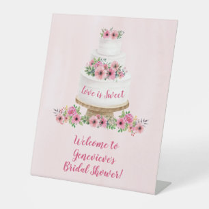 Pink Watercolor Wedding Cake Bridal Shower Pedestal Sign
