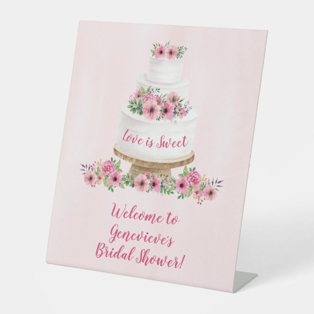 Pink Watercolor Wedding Cake Bridal Shower Pedestal Sign (Front)
