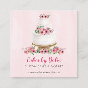Pink Watercolor Wedding Cake Square Business Card