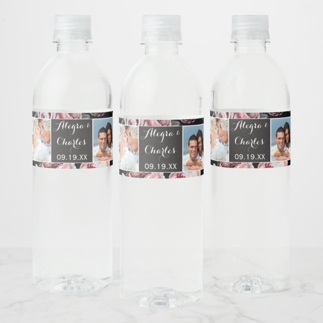 Pink Watercolor Wedding Photo Collage Water Bottle Label (Bottles)