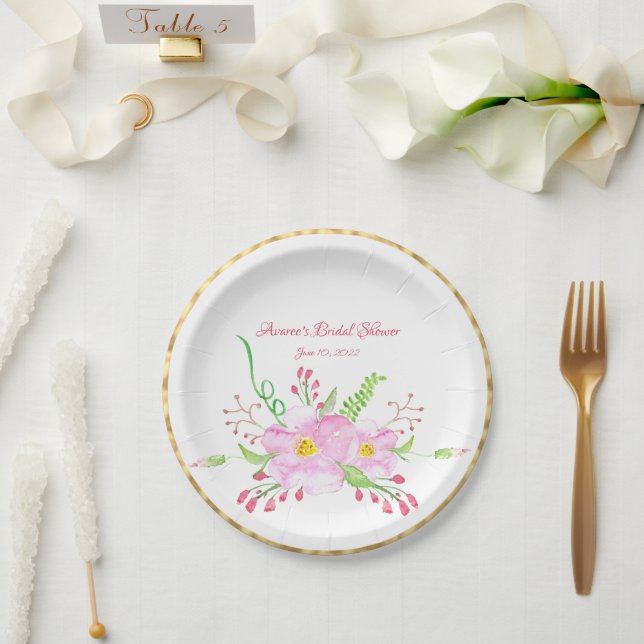 Pink Watercolor Wild Roses  Paper Plate (Wedding)