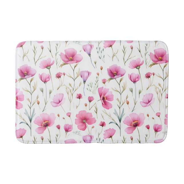 Pink Watercolor Wildflower  Bath Mat (Front)